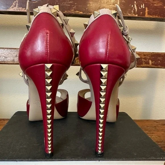Valentino Rockstud Open Toe Pumps Heels Stiletto Ankle Straps Red Leather - Picture 8 of 16
